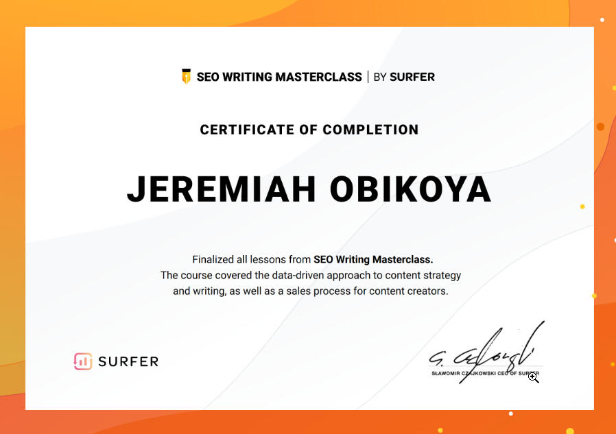 Jeremiah Obikoya - Surfer Certificate