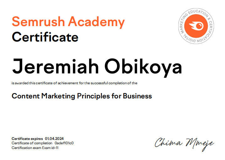 Jeremiah Obikoya - SEMRUSH Certificate